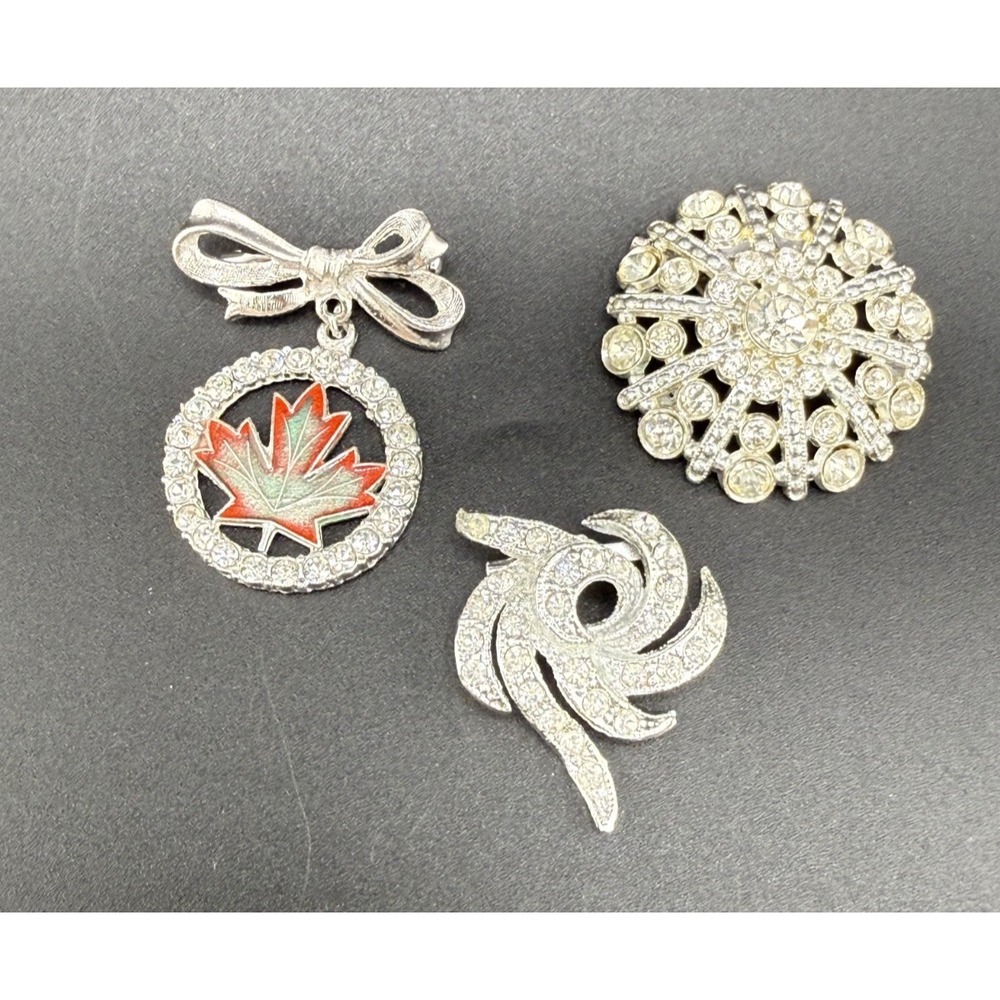 Vintage Rhinestone Brooch Pin Lot 3 Maple Leaf Swirl Dome Silver Tone